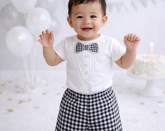 Baby First Birthday Outfit, Tuxedo Bodysuit and Gingham Shorts, Cake Smash Clothes