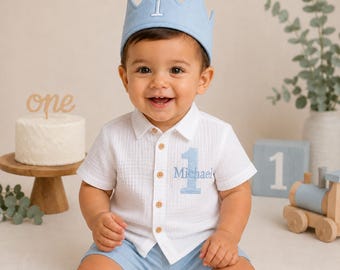 Personalized Boy First Birthday Outfit, Blue Crown Shirt and Shorts, Custom Cake Smash Clothes