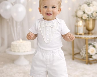Luxury White Baby Tuxedo Bodysuit with Cotton Shorts – Handmade Heirloom Baby Boy Clothing