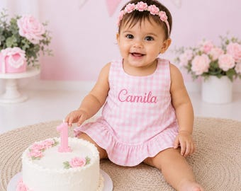 Personalized Pink Gingham Birthday Dress, Girls First Birthday Outfit, Boutique Style