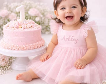 Personalized Pink or White Tulle Baby Dress, Custom Name First Birthday Outfit
