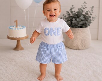 Personalized Boy First Birthday Outfit, Gauze Shirt and Blue Gingham Shorts, Cake Smash Clothes