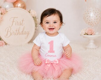 Pink First Birthday Tutu Outfit Girl – Personalized 1st Birthday Bodysuit with Name