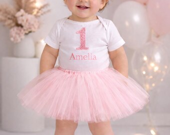 Pink First Birthday Tutu Outfit Girl – Personalized 1st Birthday Bodysuit with Name