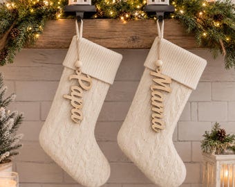 Personalized Christmas Stocking Tag, Custom Wooden Name Ornament, Laser Cut Birch Wood Family Stocking Decor