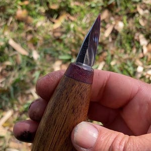 May include: A carving knife with a wooden handle and a silver blade. The handle is a dark brown color with a reddish-brown accent near the blade. The blade is sharp and pointed.