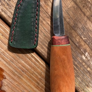 Hand made, custom, 2.5 inch, wood-carving and whittling puukko sloyd knife with hand made leather sheath. Best gift for him or her.