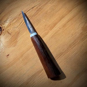 Handforged carbon, 2.5 inch, wood-carving and whittling puukko sloyd knife with roasted hickory handle. Best summer gift for him or her.