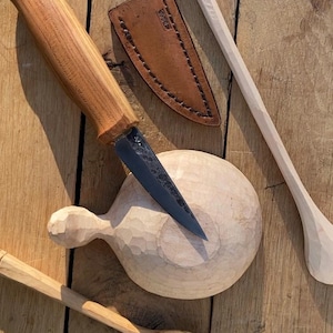 Hand made, custom, 2.5 inch, wood-carving and whittling puukko sloyd knife with hand made leather sheath. Best gift for him or her.
