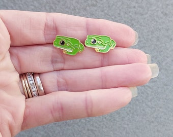 Green Tree Frog enamel stud earrings