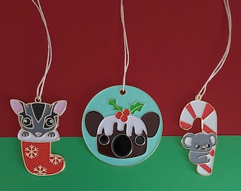 Set of 3 Christmas Decorations - hanging ornaments - sugar glider, candy cane koala, Xmas pudding