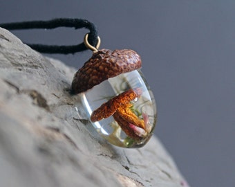 Mushroom Acorn Terrarium Necklace: Resin Pendant with Real Moss