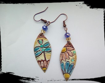 Enameled copper charm earrings - flower and buterfly