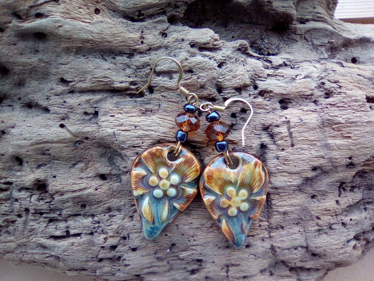 Enameled ceramic charm earrings - warm drop color