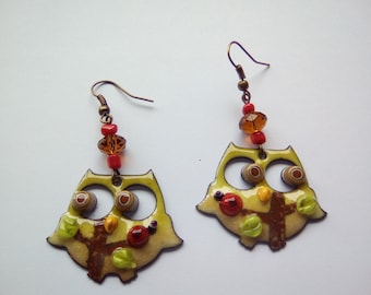 Enamelled copper charm earrings - owls models