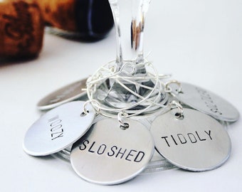 funny hand stamped wine charms, silver wine glass charms, wine o'clock wine charms