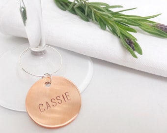 6 rose gold custom wine glass charms, personalised copper wine charms