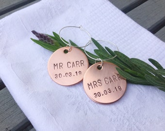 rose gold wedding wine glass charms, personalised copper wedding favours,