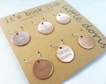 Rose gold copper wine glass charms, rose gold wine tags, book club wine charms