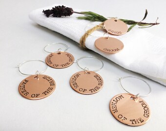 Bridal party wedding wine charms, 6 copper wine charms