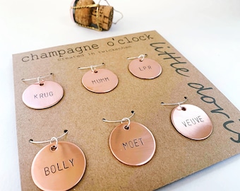 champagne wine charms, hand stamped wine glass charms, silver wine glass charms