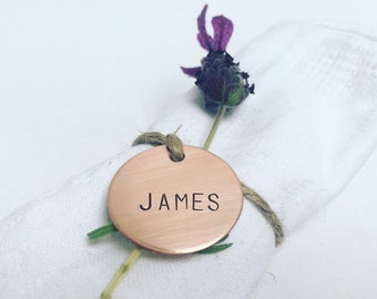 personalised name tag, wedding name card, wedding wine charm, copper wedding place setting, wedding favour charm