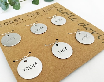 silver hand stamped wine glass charms, host and hostess wine charms, silver wine charms