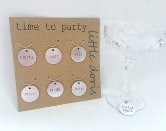 Hand stamped silver party wine glass charms