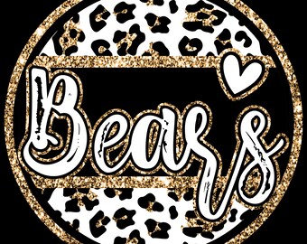 Imagen digital PNG de osos con estampado de leopardo negro y dorado, espíritu escolar, descarga para camisetas, dtf y más