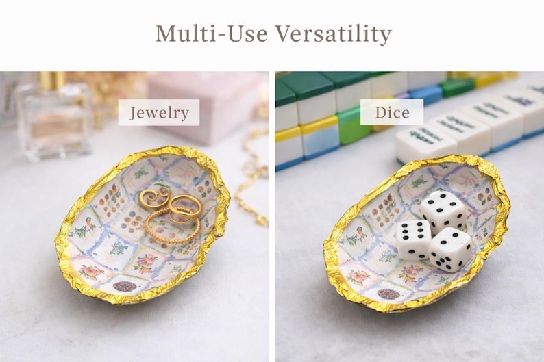 May include: An oval-shaped decorative dish with a gold-leafed rim and a white interior featuring a grid of small floral and patterned squares. The text Multi-Use Versatility, Jewelry, and Dice appear in the image. The dish holds gold rings or white dice.