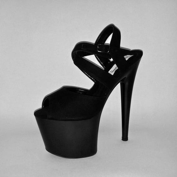 Lib 7 Inch Super Heels Peep Toe Ankle Strap Patent Platform Sandals - Black  in Sexy Heels & Platforms - $65.99