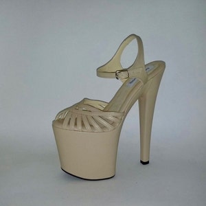 Pole dancing shoes sexy stripper heels beige or black patent 7.5&quot; high heel dragqueen crossdressers prom shoes bridal shoes club heels