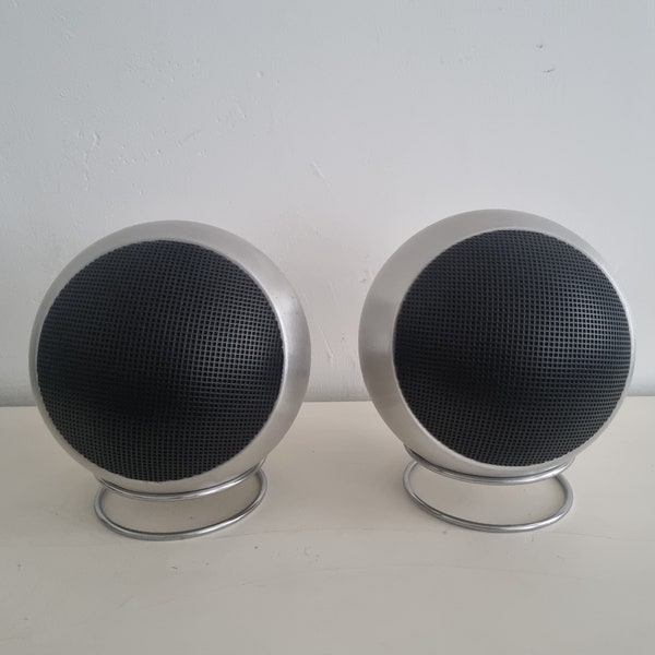 Vintage GRUNDIG 210a Ball BOXES Stereo speakers stands 70s Kugelboxen Ständer 1970s Aluminium Chrom Space Age Made in Germany mint