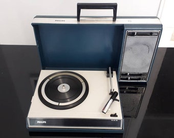 Giradischi portatile vintage PHILIPS 403, anni '60, blu, ottima potenza della batteria