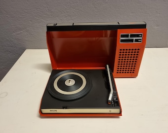 Giradischi portatile vintage PHILIPS 423, giradischi portatile anni '70, batteria e alimentatore rossi, era spaziale, condizioni eccellenti
