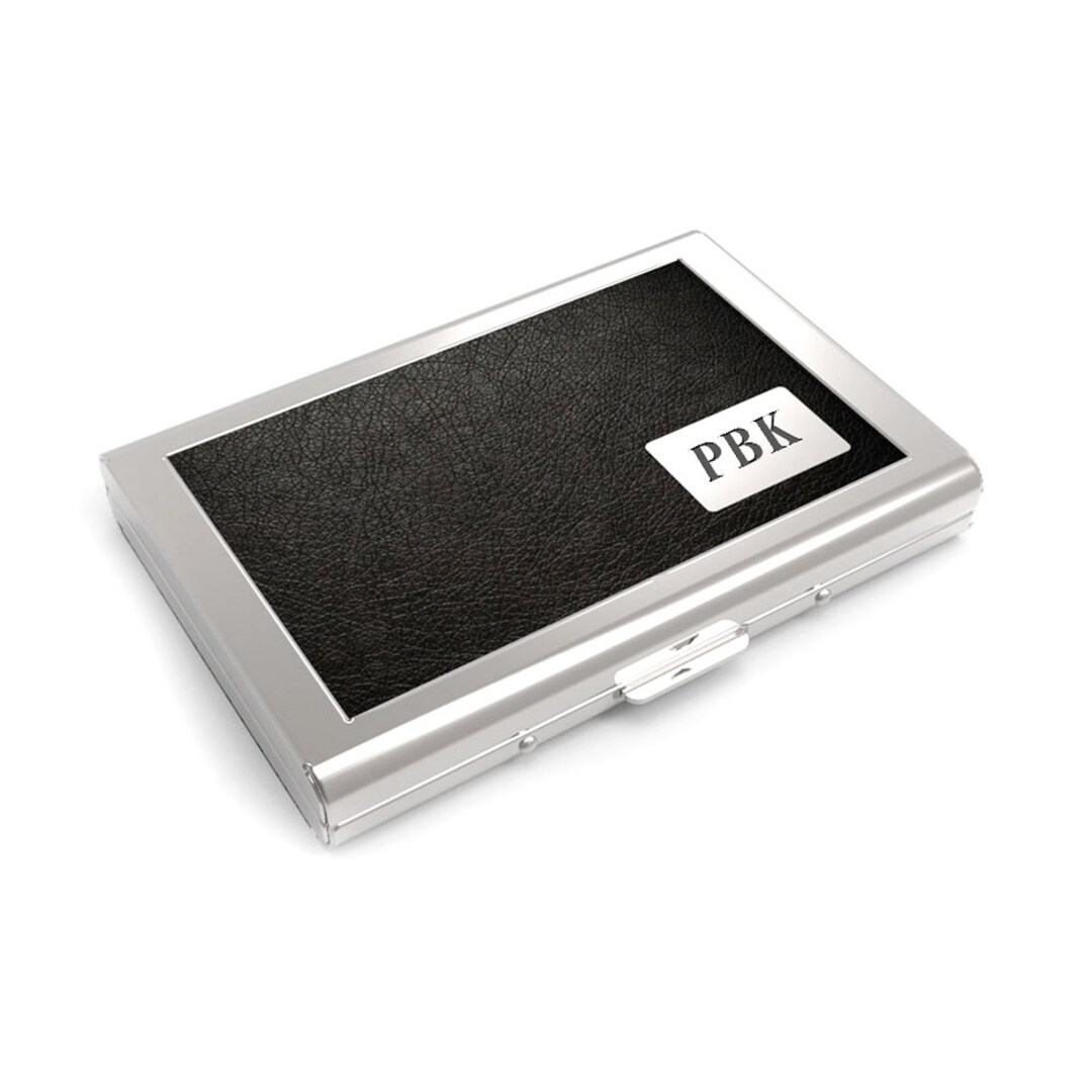 Personalized Black Leather Business Card Carry Case Silver & Leather Card Case With Engravable