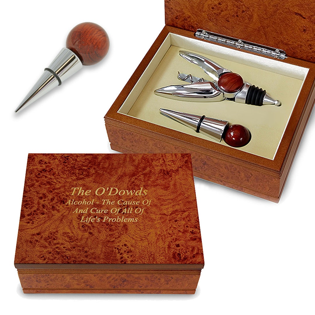 Silver & Rosewood Wine Opener and Stopper Set With Free Personalization Elegant Wood Wine