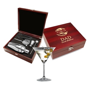 World&#39;s Best Dad Personalized Barware Set - Customised Martini Set for Dad - 5 Piece Steel Barware Gift - Boxed Cocktail Shaker Set