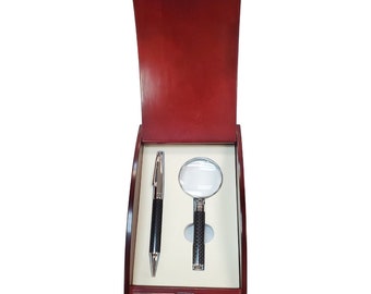 Personalized Carbon Fiber Pen and Magnifying Glass Gift Set With Black Box - G272