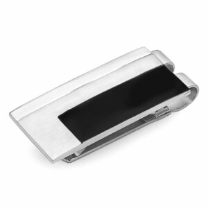 May include: A silver money clip with a black rectangular insert. The clip has a brushed finish.