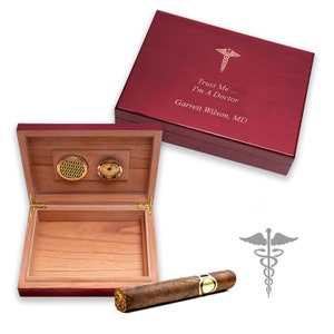 Personalized Staff of Hermes Motif Cigar Humidor - Doctor's Engraved Wooden Cigar Humidor - Cigar Case for GP, Surgeon, Medical Staff
