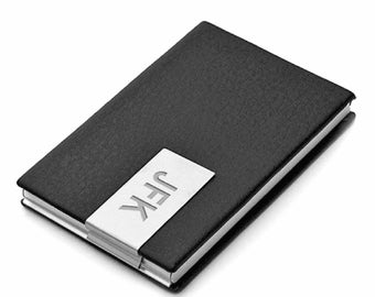 Engraved Faux Black Leather Business Card Holder with Rectangle Engraving Plate