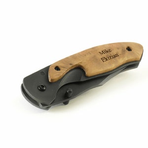 Personalized Wood & Steel Lockblade Knife with Belt Clip