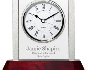 Prestige Collection Personalized Rosewood, Glass & Steel Desktop Clock