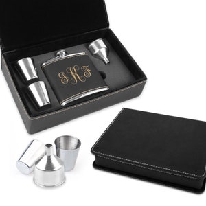 Black & Gold Script Monogram Flask Set - Free Personalization