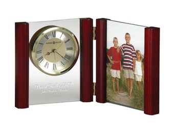 Alex Rosewood and Glass Desk Clock With Photo Frame by Howard Miller - Customized Picture Frame Tabletop Clock