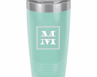 Split Monogram 20 Ounce Teal Polar Camel Travel Mug - Free Personalization