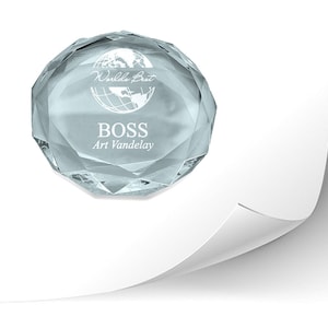 Personalized Crystal Paper Weight with World's Best Boss Motif - Engraved Glass Paper Weight for Top Boss - Luxury Cut Glass Paper Weight