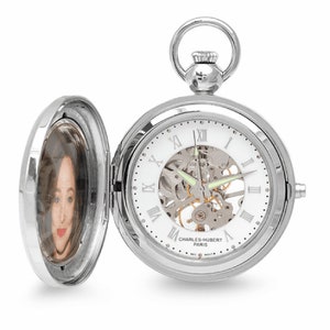 Silver Mechanical Picture Frame Charles Hubert Pocket Watch & Chain #3850 - Free Engraving