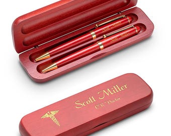 Doctor Theme Personalized Cherry Finish Double Pen Set For Doctors